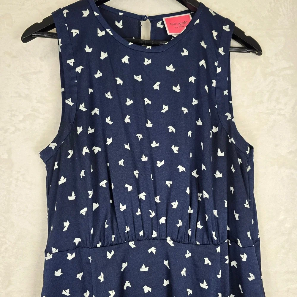 Kate Spade Paper Boats Midi Dress Navy Blue Pebbled Satin Sleeveless Size 14